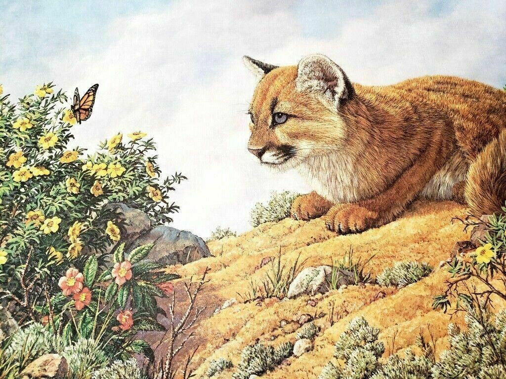 Vintage Cat Art Print with Butterfly and Flowers by James Efarish