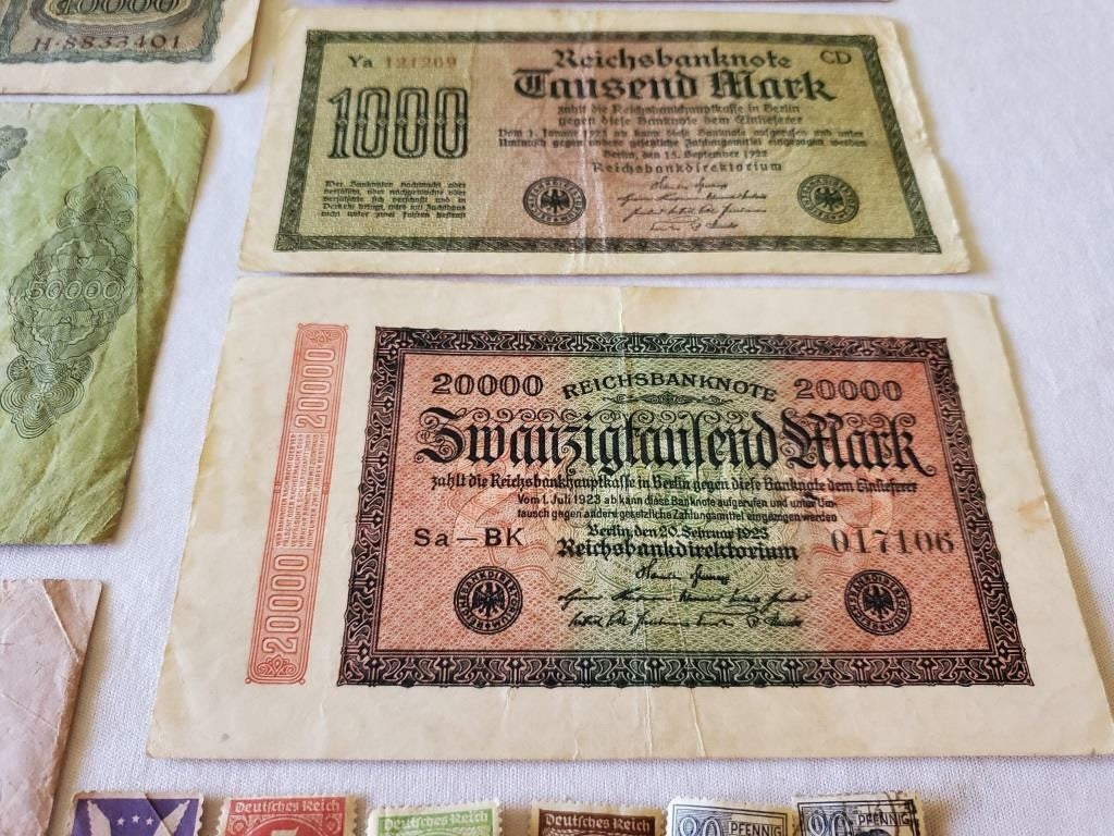 German Reichsbanknote 5000/100000/20000/1000 Mark Banknote and Lot German Stamps