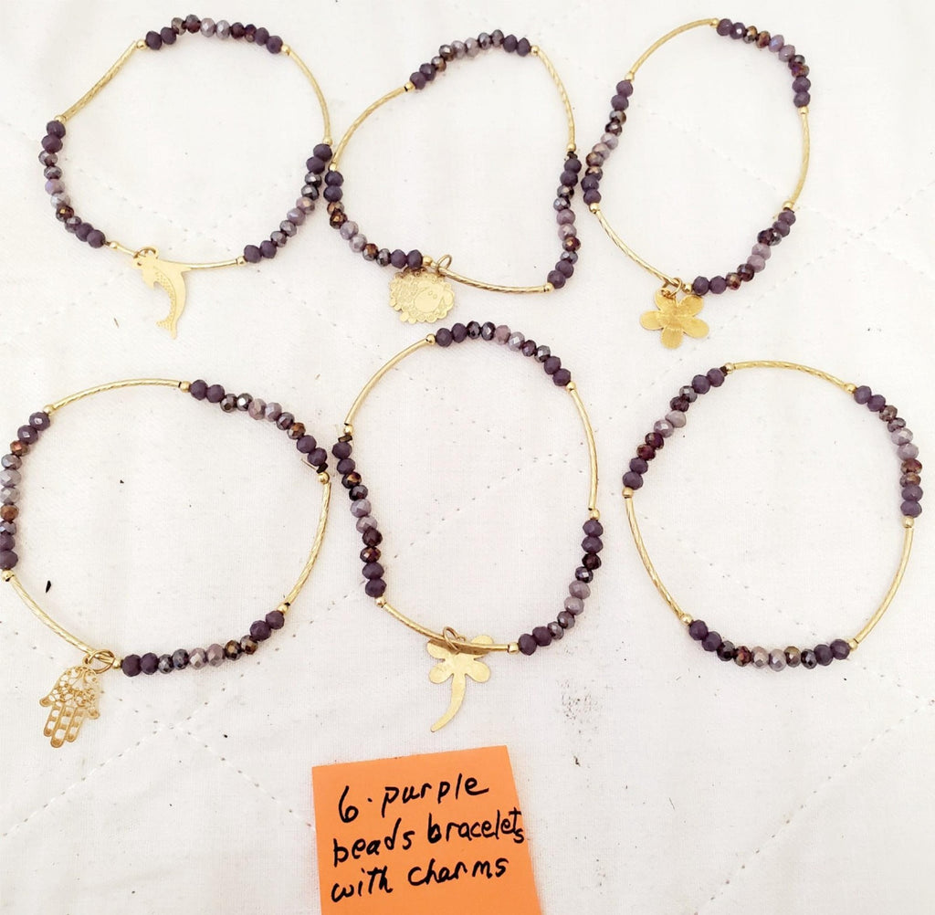 Lot of 6 Purple Beads Bracelet with Charms