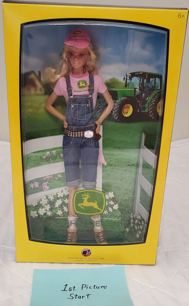 Barbie John Deere Collector Doll Pink Shirt Overalls Farm Girl Tractor Box