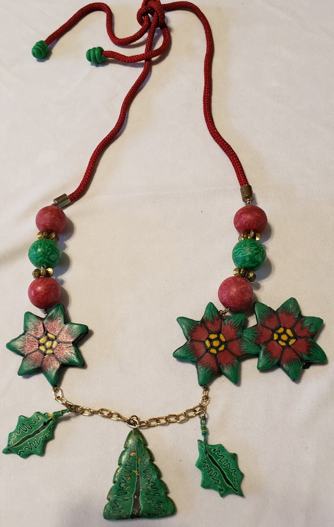 Vintage Handmade Polymer Clay Millefiori Christmas Design Tree Necklace