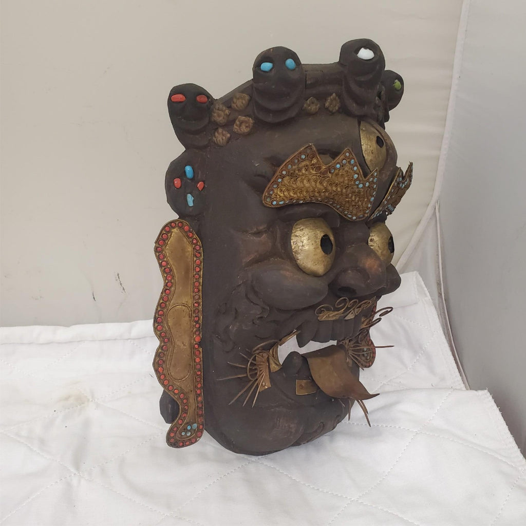 Tibetan Mahakala Mask Hand Carved Wood Protective Deity Wall Hanging
