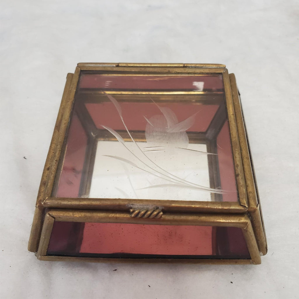 Vintage Glass & Brass Casket Shape Trinket Box Etched Flower