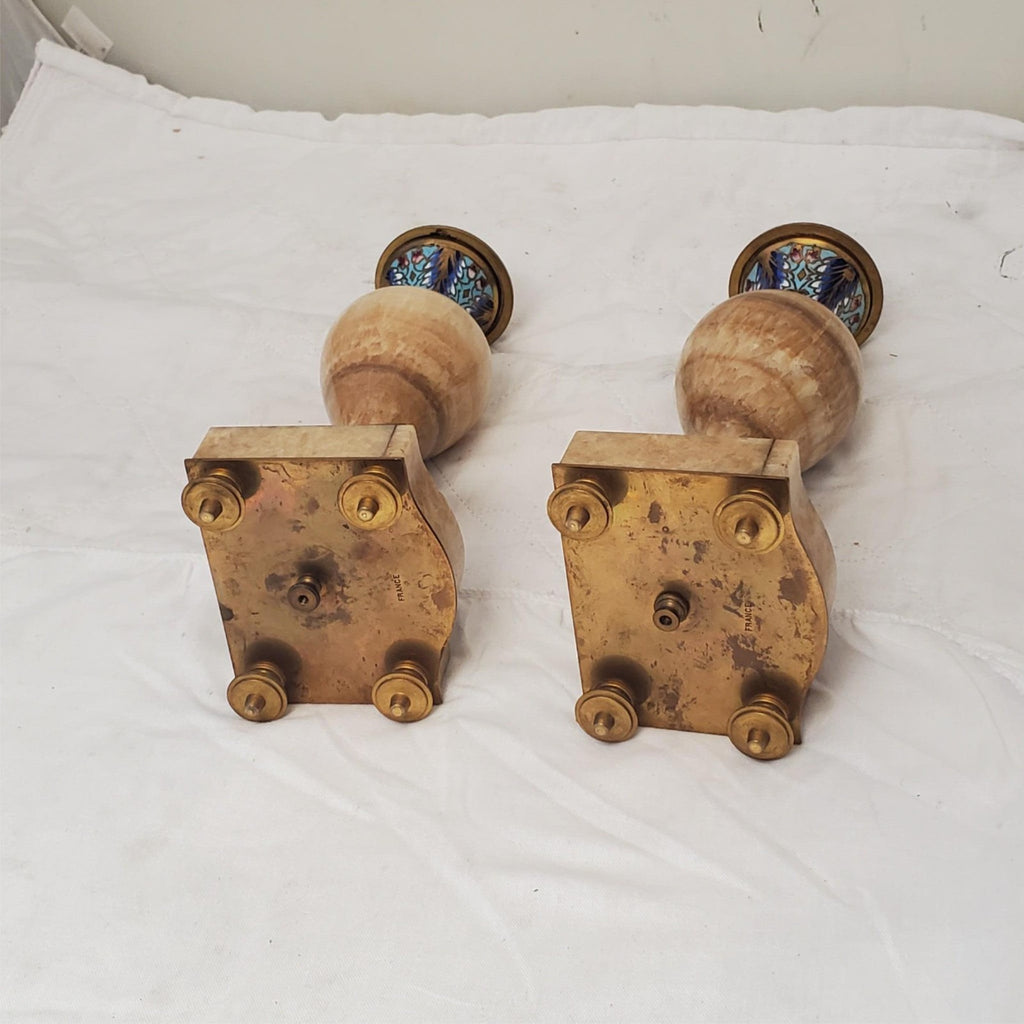 Antique French Champleve Enamel Brass Candle Holders Pair Ornate 6 1/8" Tall