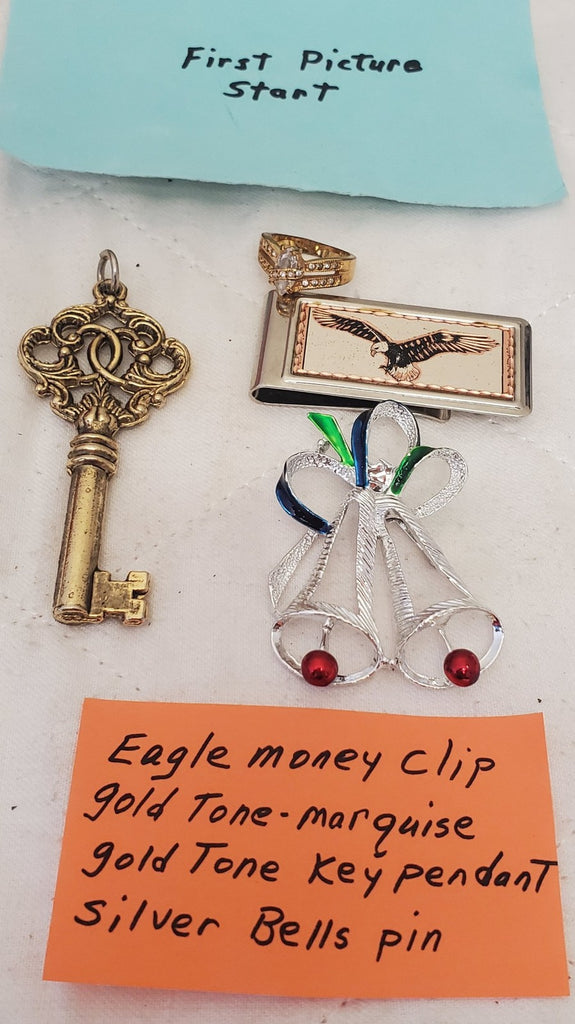 Gold Tone Eagle Money Clip, Marquise Gold Tone Key Pendant & Silver Bells Brooch