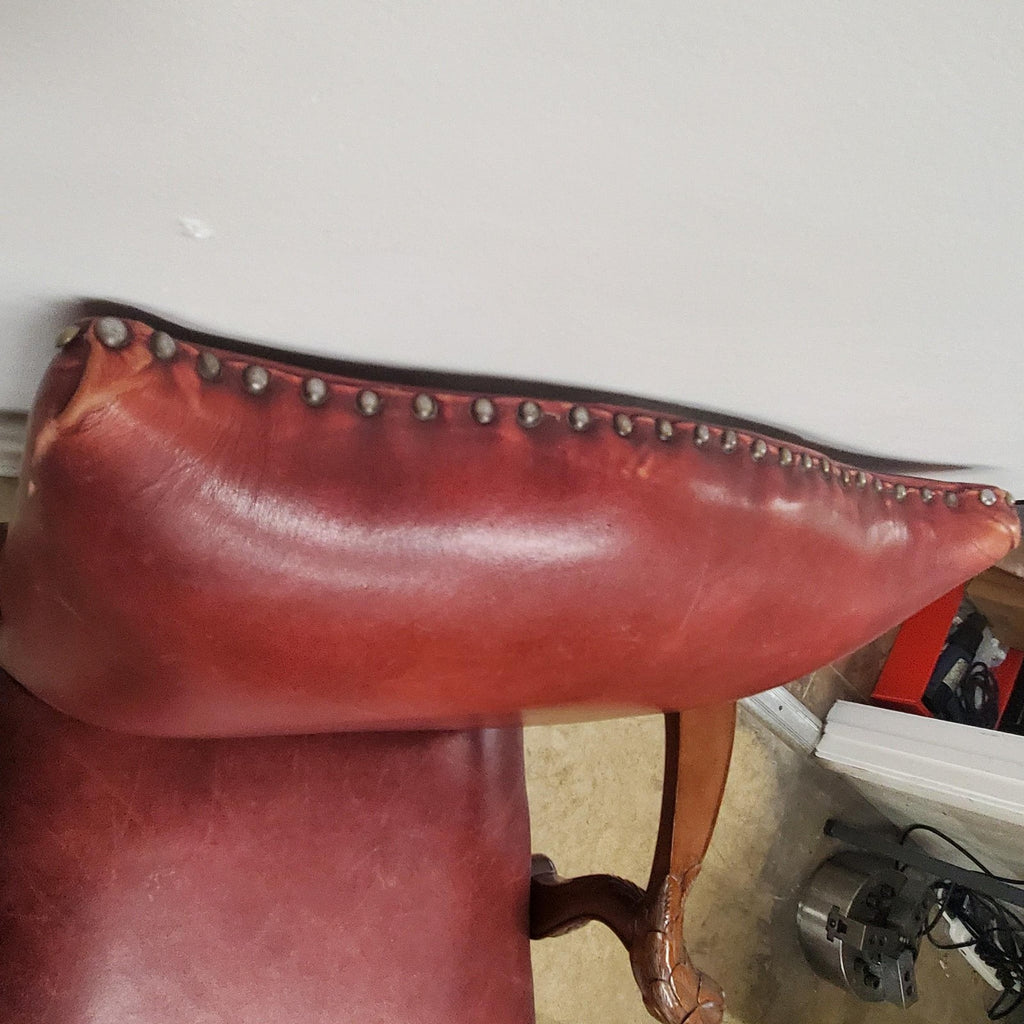 Antique Vintage Red Leather and Carved Owl Wood Armchair Law Office Chair