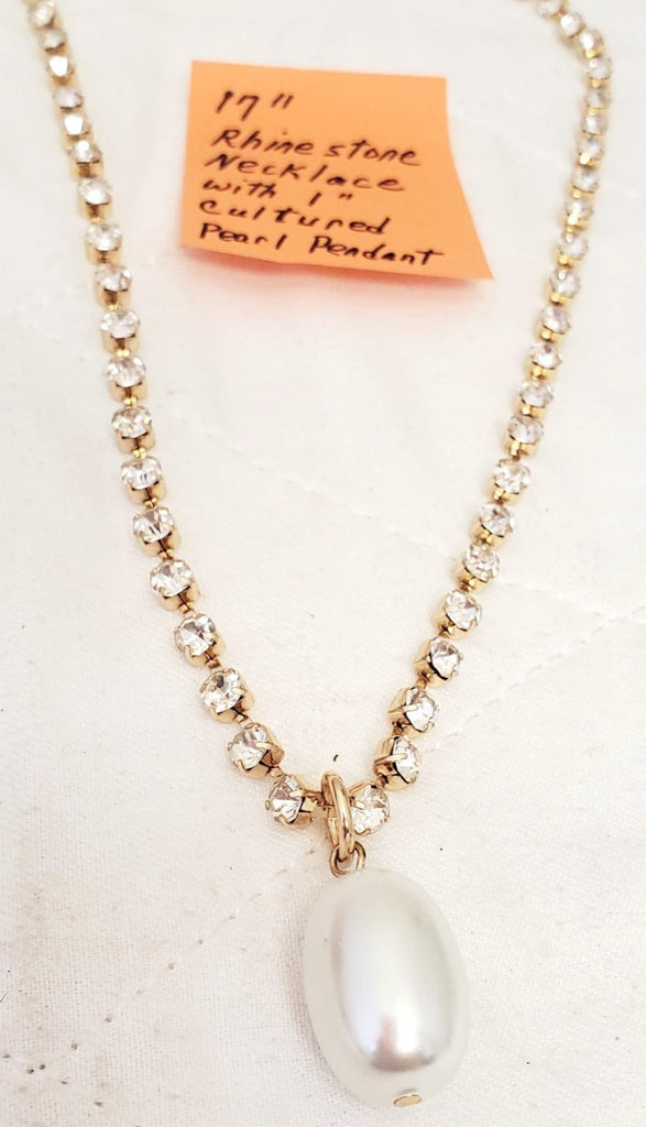17" Rhinestone Necklace with Cultured Pearl Pendant
