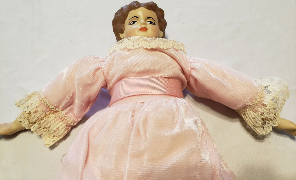 Vintage Beautiful Porcelain Girl Doll Painted Face Hoop Skirt Pink Dress