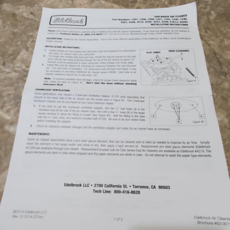 Edelbrock 1221 Pro-Flo 14" Round Air Cleaner / Filter w Air Cleaner Riser