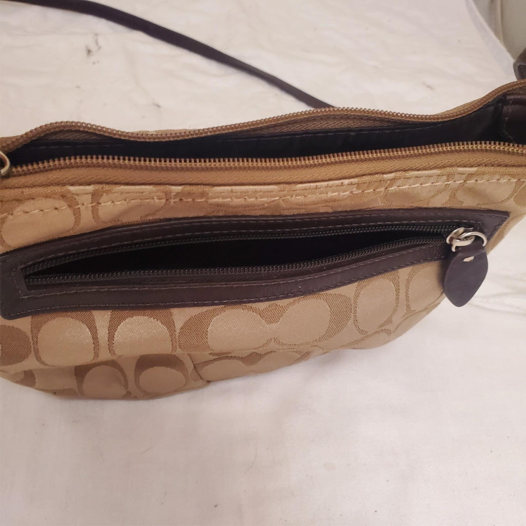 Vintage COACH Wristlet Khaki Brown Purse Leather Trim with Coach ID tag