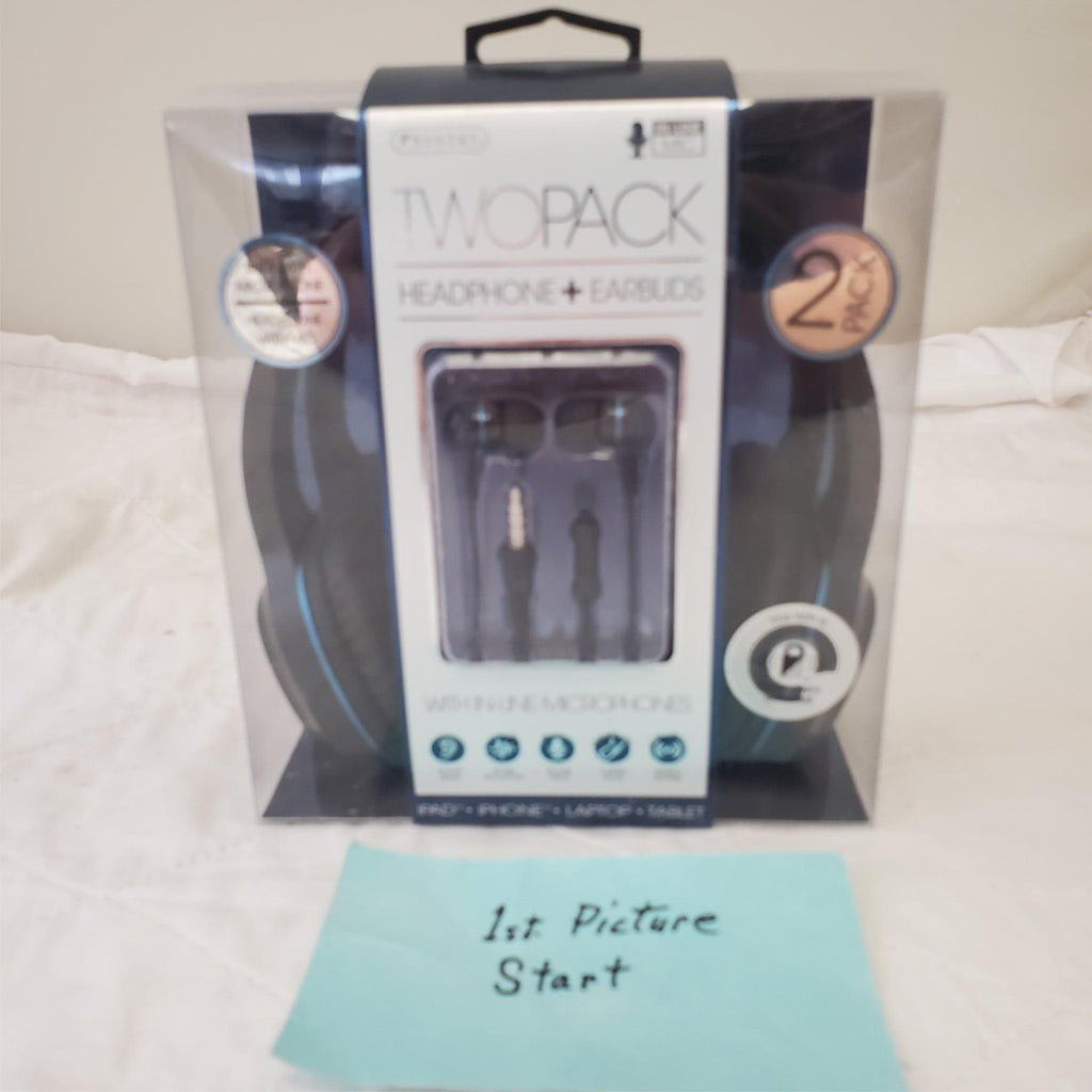 Sentry Blue Two Pack Headphone + Earbuds w/In-Line Microphones Stereo