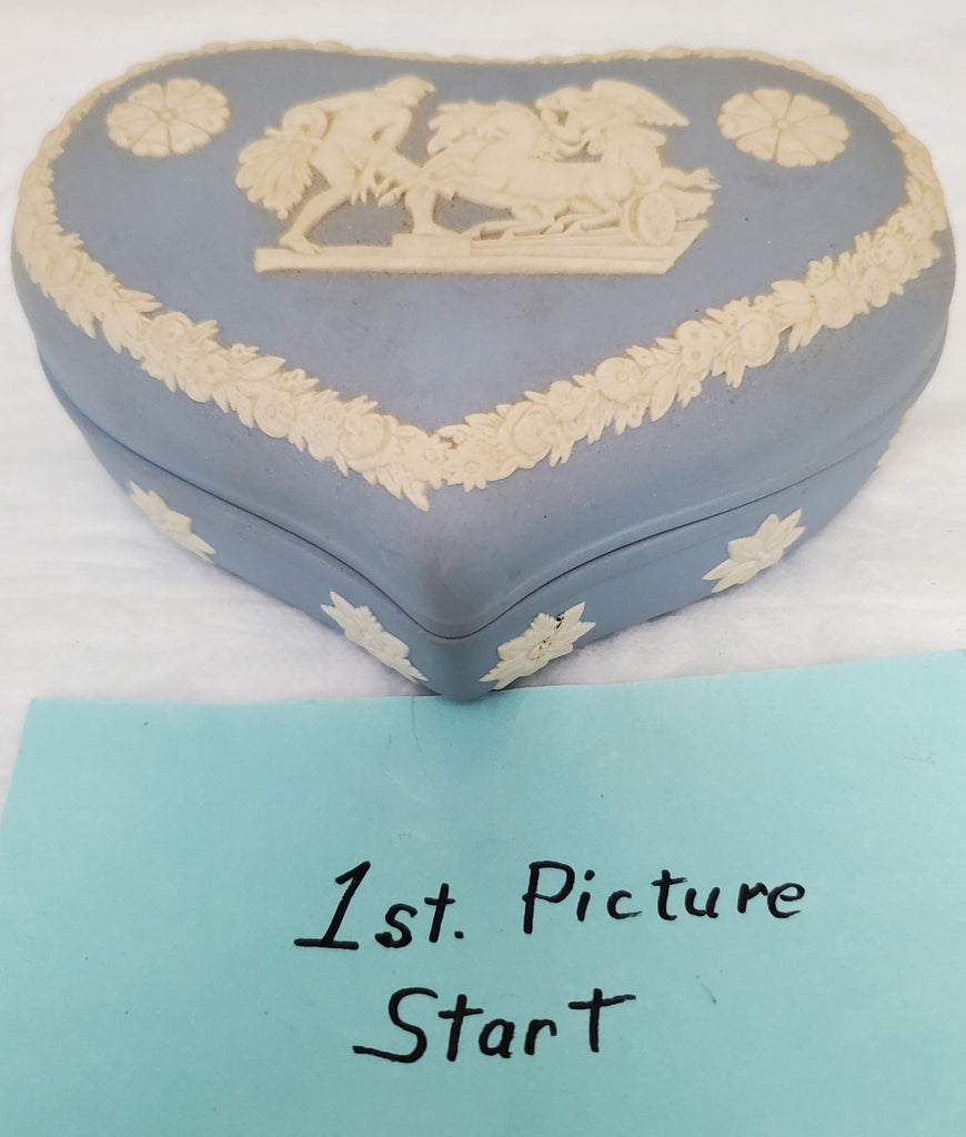 Vintage Wedgwood Blue Jasperware Heart Trinket Box Angel Horse Scene England