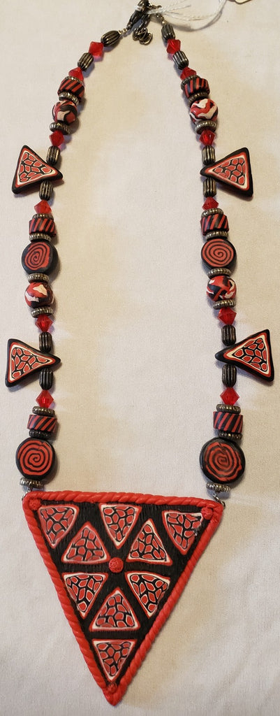 Used Handmade Polymer Clay Millefiori Red Triangle Design Necklace