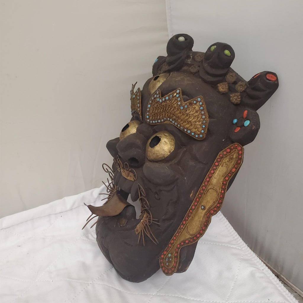 Tibetan Mahakala Mask Hand Carved Wood Protective Deity Wall Hanging
