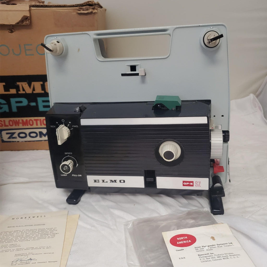 8mm Projector ELMO GP-E Slow Motion Zoom & Film Reel Storage Box