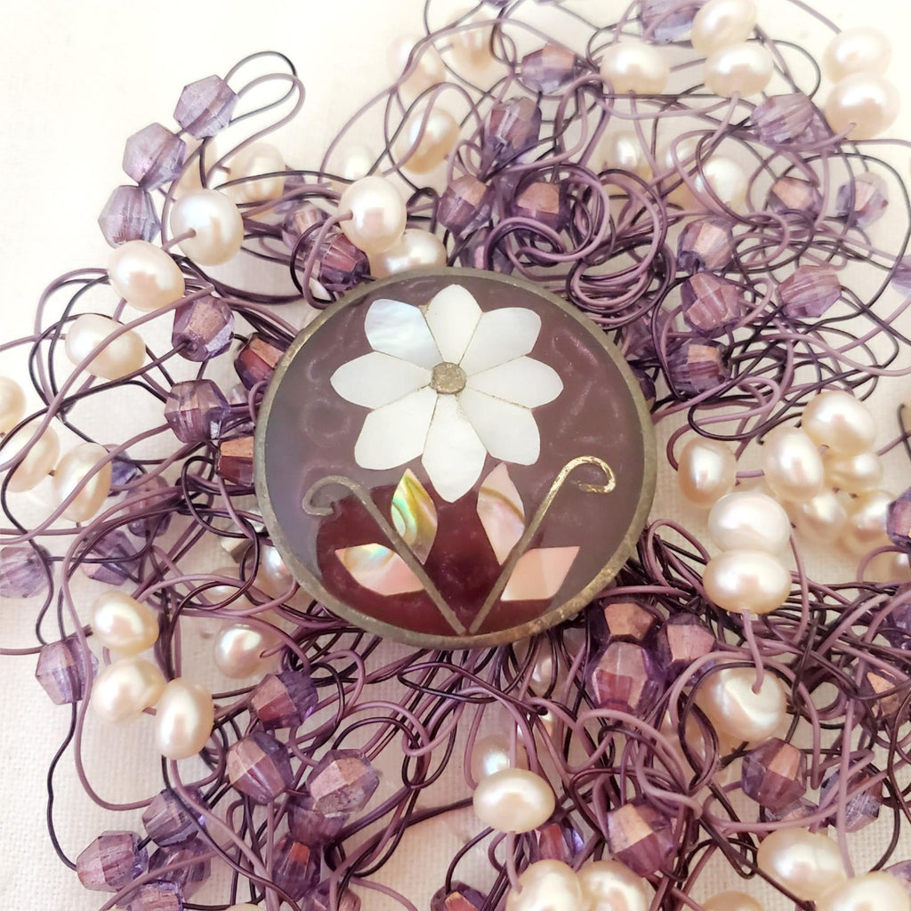 Vintage Hand Made Wire Pin with Cloisonne Center and Freshwater Pearls