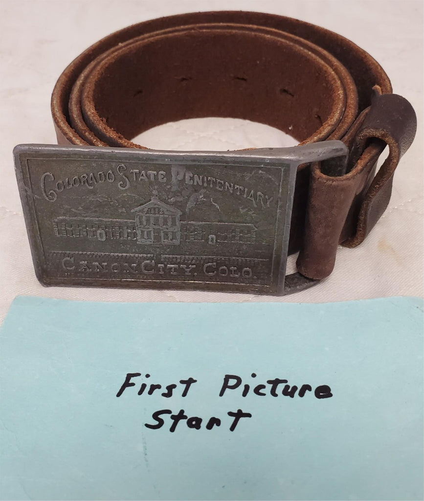 Vintage Leather Belt with Colorado State Penitentiary Canon City Colorado Buckle