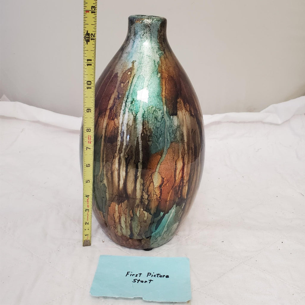 13" Turquoise Foiled & Lacquered Ceramic Vase Copper & Bronze