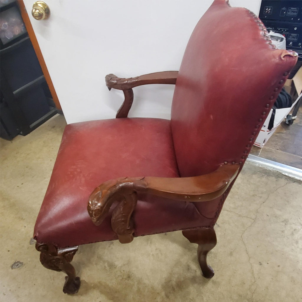 Antique Vintage Red Leather and Carved Owl Wood Armchair Law Office Chair