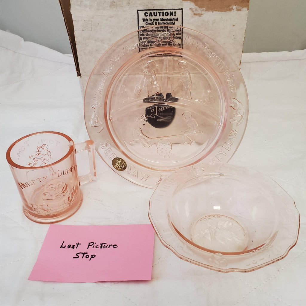 Tiara Exclusives Amber Glass Nursery Rhyme Humpty Dumpty Baby Plate Bowl Cup