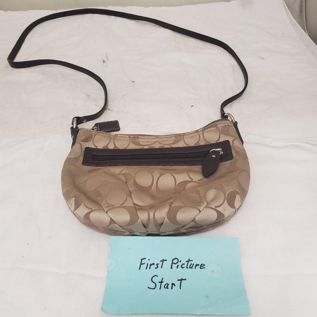 Vintage COACH Wristlet Khaki Brown Purse Leather Trim with Coach ID tag