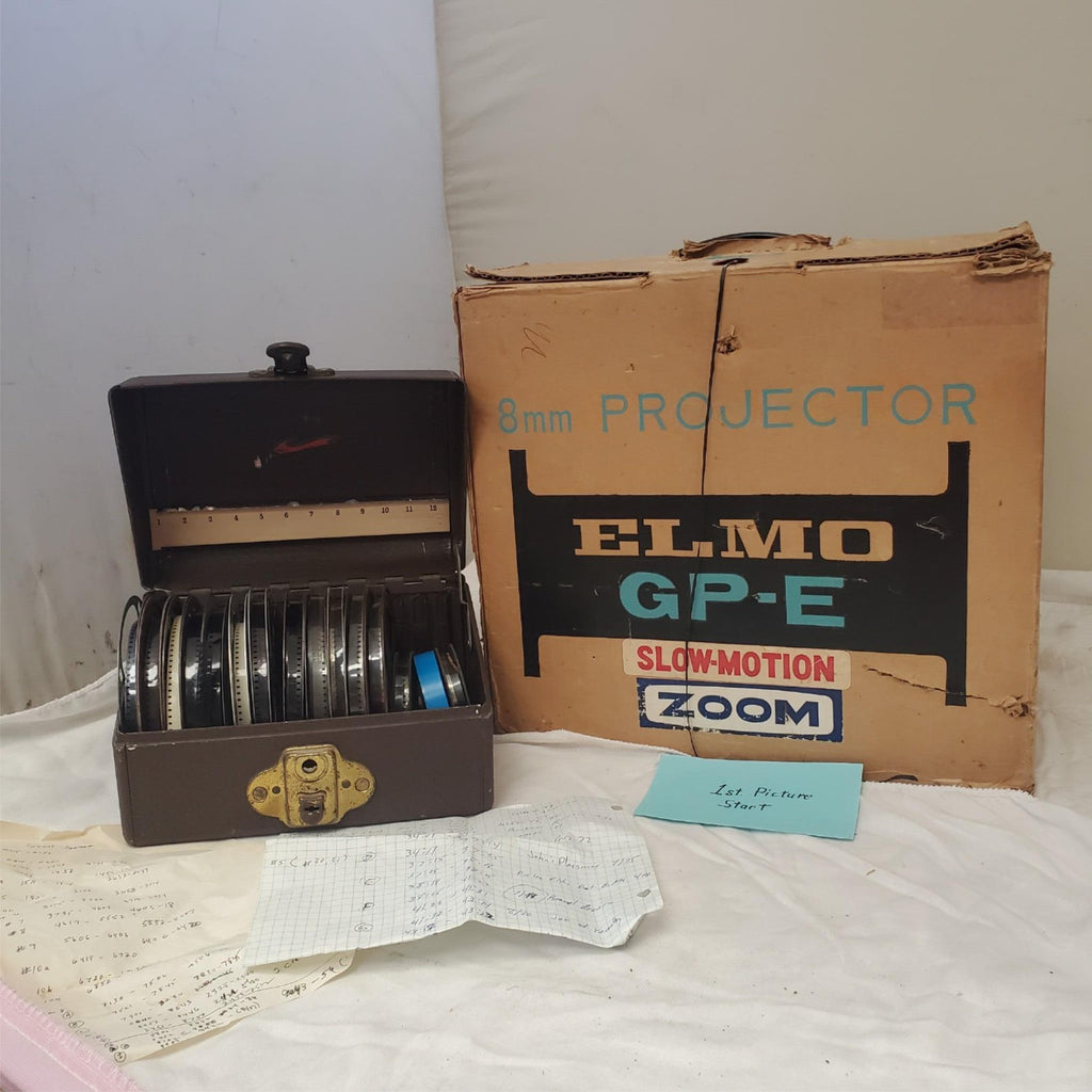 8mm Projector ELMO GP-E Slow Motion Zoom & Film Reel Storage Box