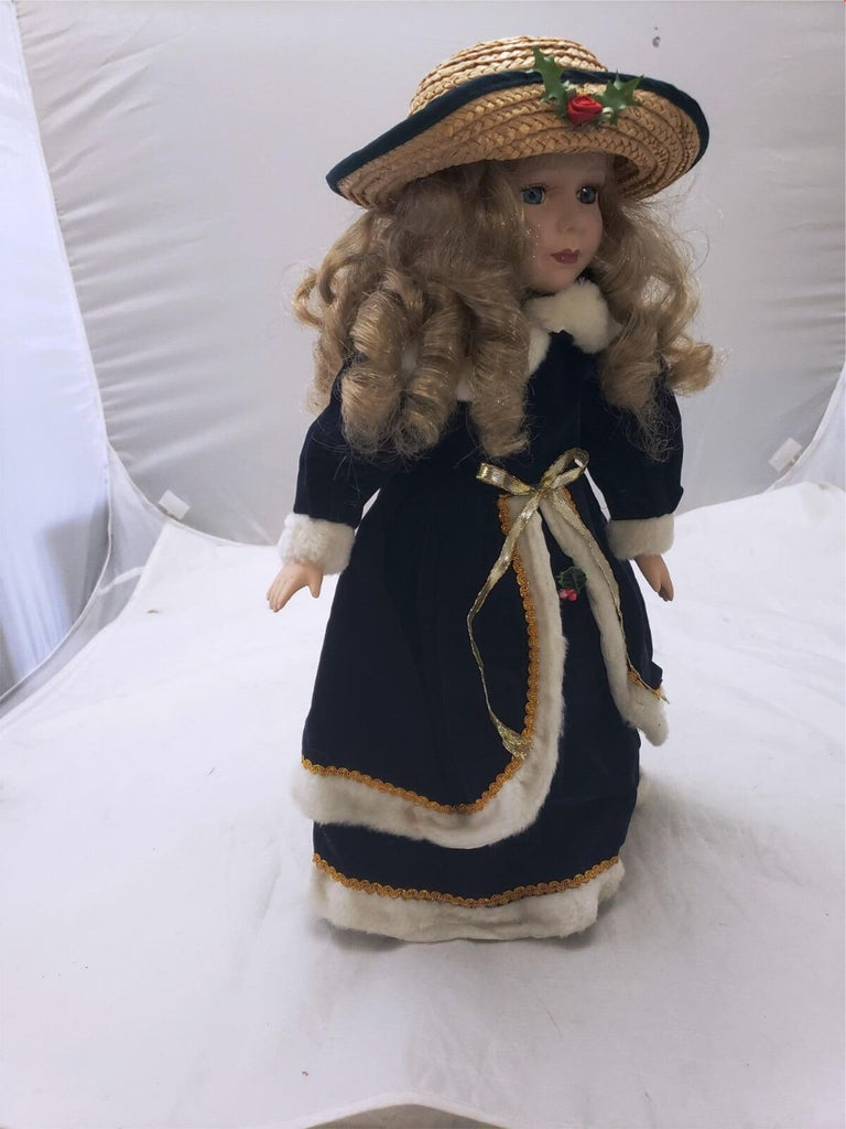 Vintage Original Christmas Porcelain Girl Fashion Doll Blue/White Dress