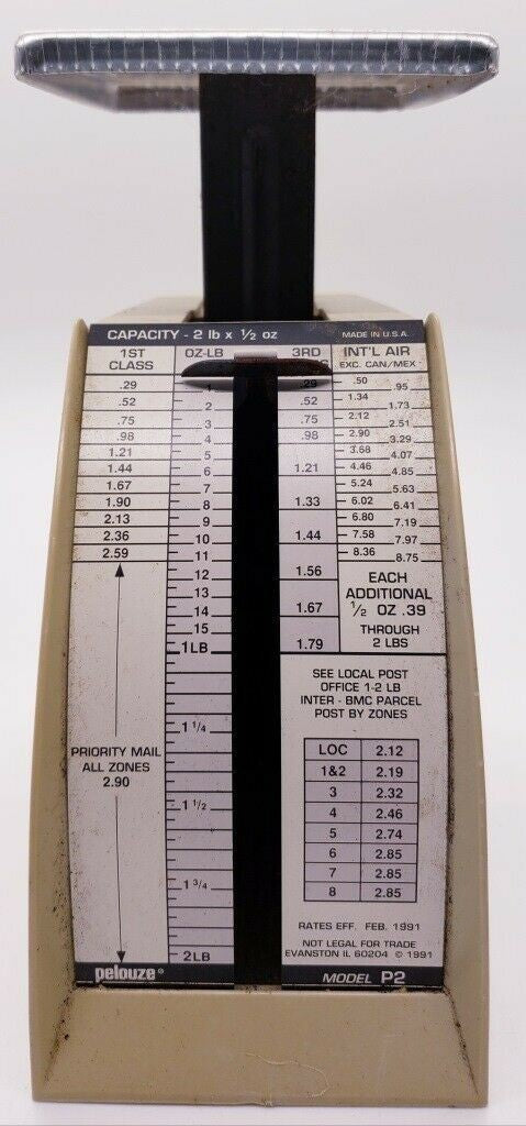 Vintage Pelouze Petite Postal scale Model P-2 Rates Eff. Feb 1991