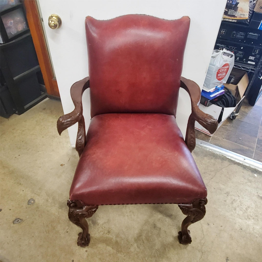 Antique Vintage Red Leather and Carved Owl Wood Armchair Law Office Chair