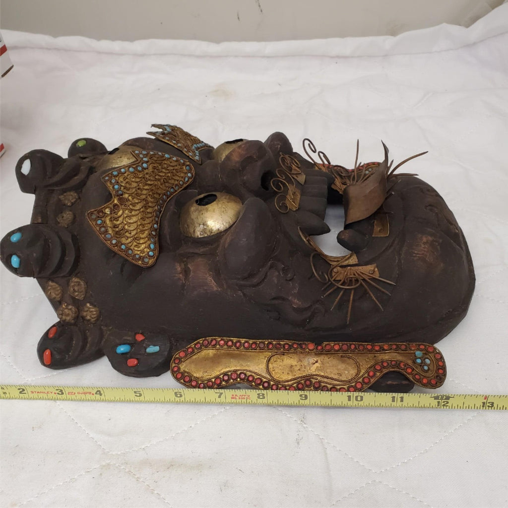 Tibetan Mahakala Mask Hand Carved Wood Protective Deity Wall Hanging
