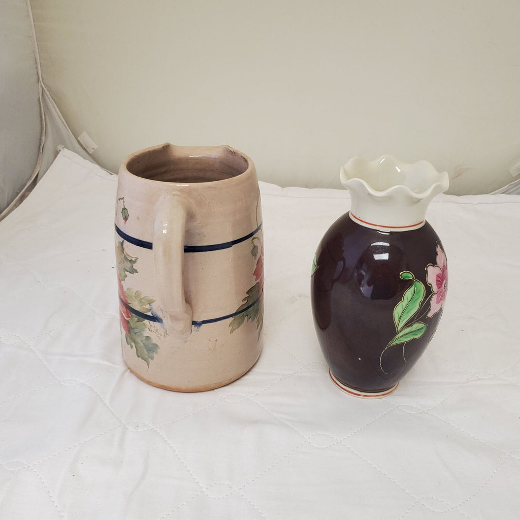Vintage Japan Pitcher Cherry Blossom and Vase Hand Painted Porcelain