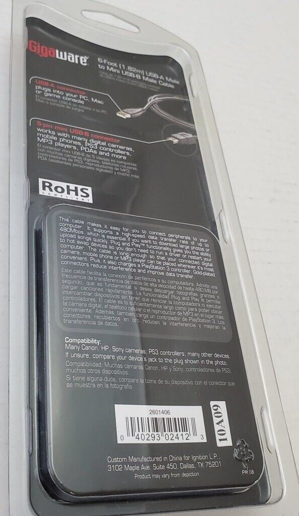 New Gigaware 6-Foot USB-A Male To Mini USB-B Male Gold Cable