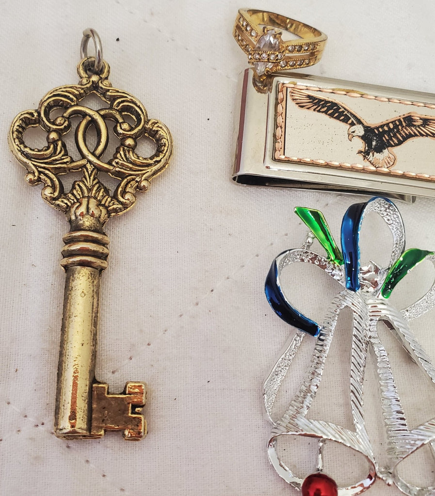 Gold Tone Eagle Money Clip, Marquise Gold Tone Key Pendant & Silver Bells Brooch