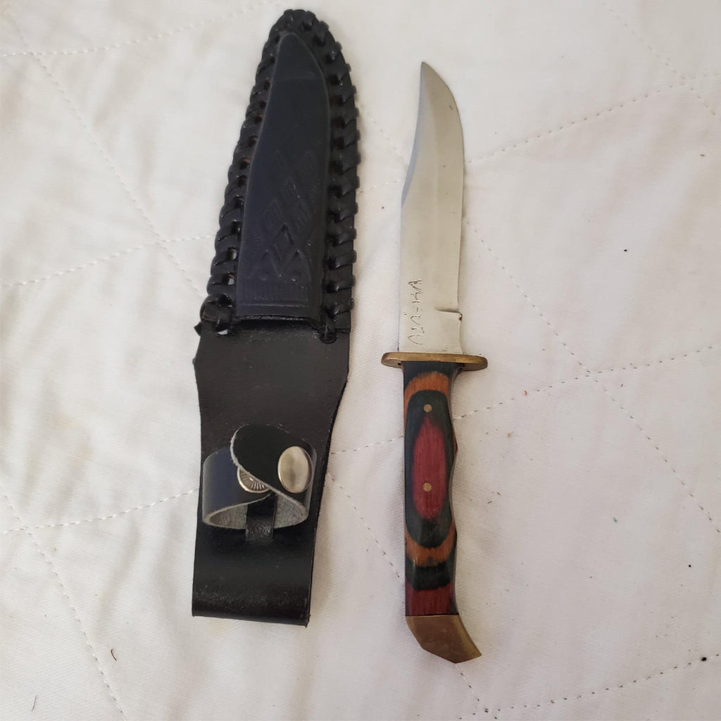 Fixed Hunting Knife Wood Layered Handle Leather Sheath