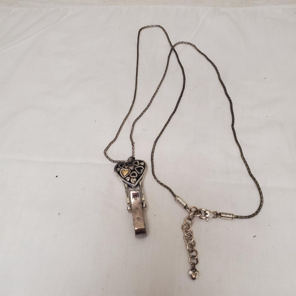 Brighton Floating Hearts Badge Clip Necklace, Silver Textured Curb Link Bracelet