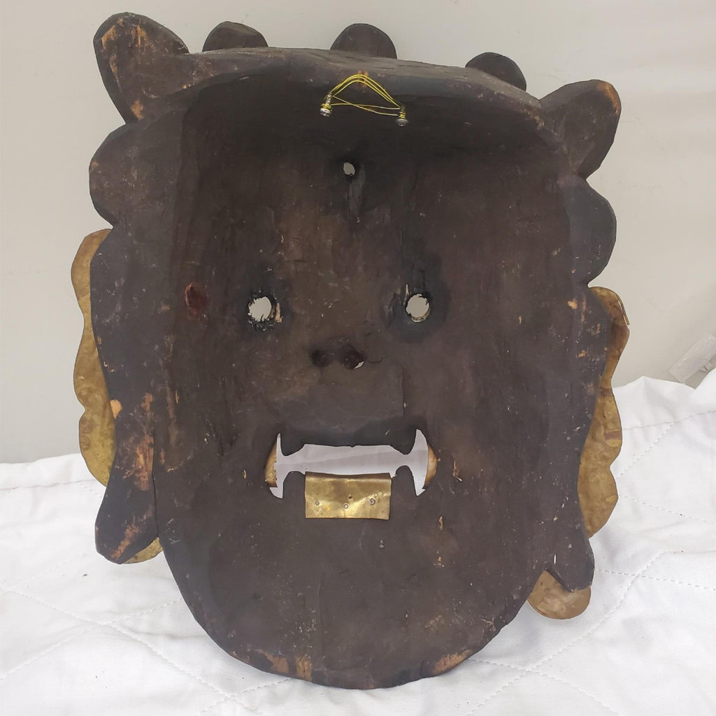 Tibetan Mahakala Mask Hand Carved Wood Protective Deity Wall Hanging