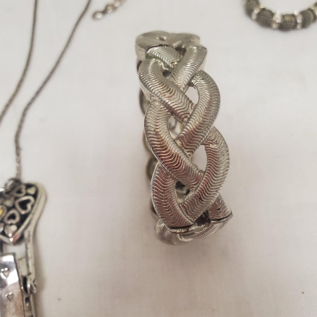 Brighton Floating Hearts Badge Clip Necklace, Silver Textured Curb Link Bracelet