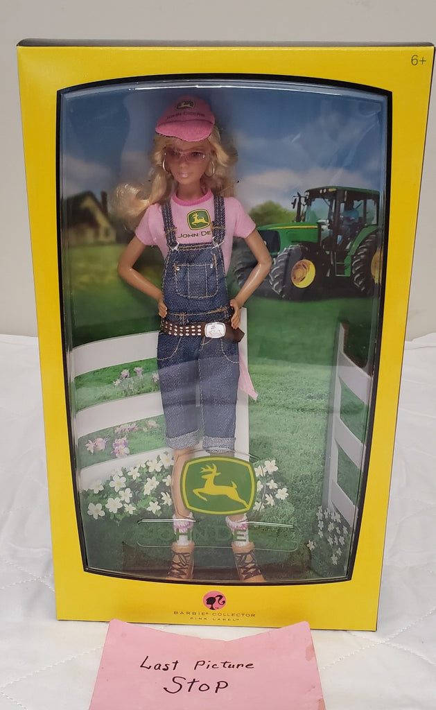 Barbie John Deere Collector Doll Pink Shirt Overalls Farm Girl Tractor Box
