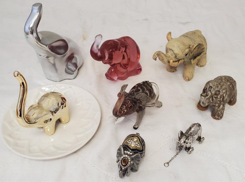 Lot of 8 Brass, Marble, Crystal, Ceramic & Porcelain Elephants Figurines