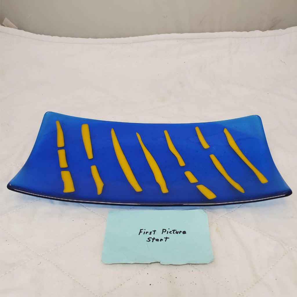 Fused Glass Trinket Platter with Blue & Yellow Striped