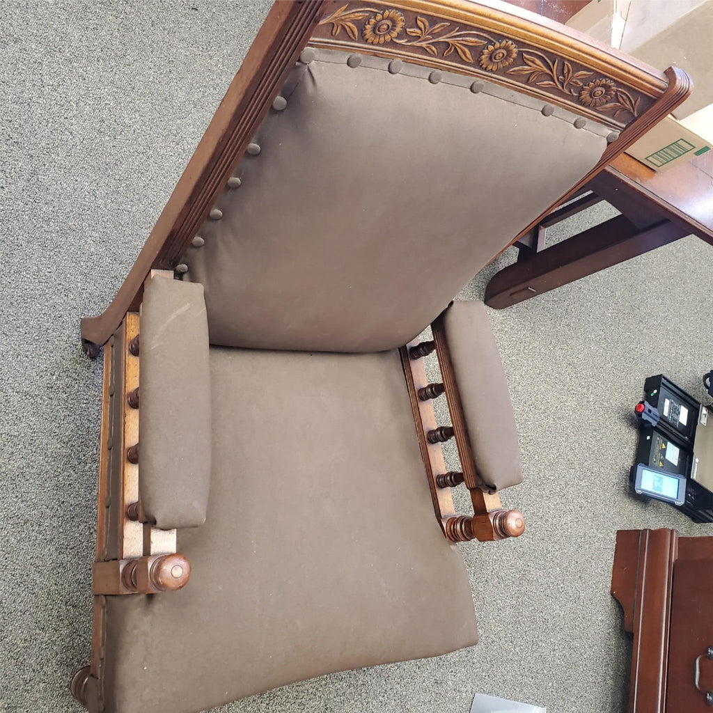 Antique Ornately Carved Wood Framed Fabric Victorian Throne Armchair