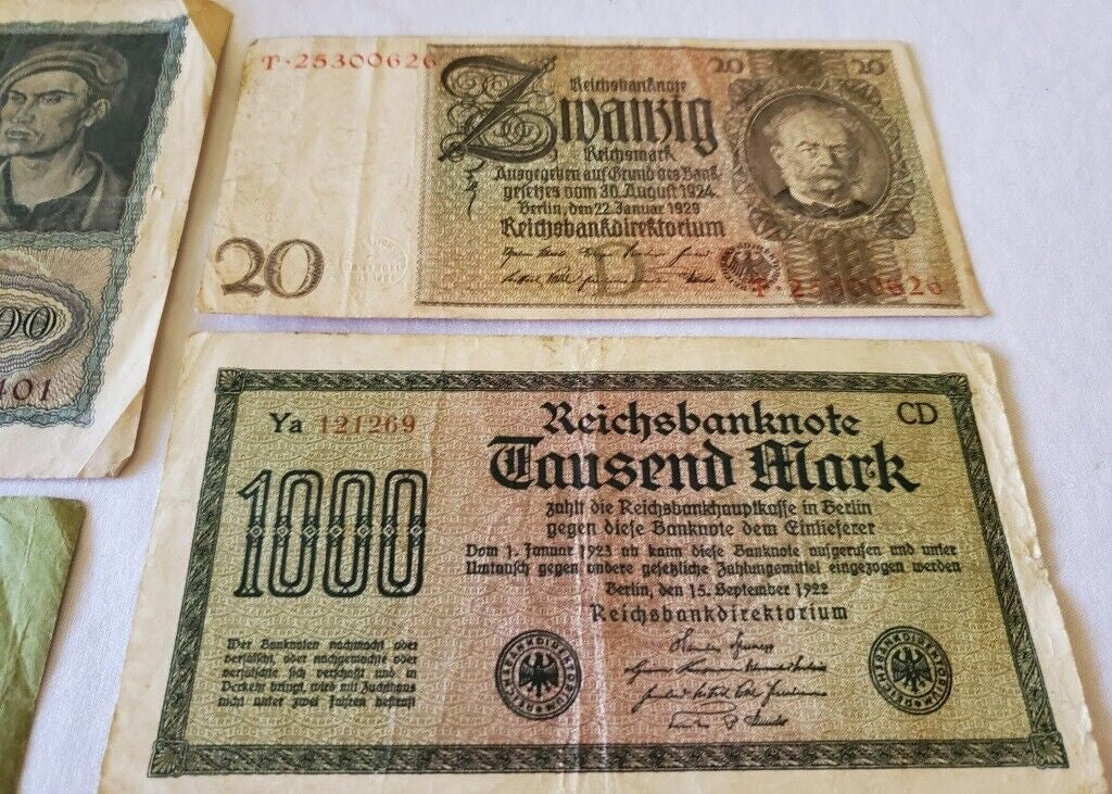 German Reichsbanknote 5000/100000/20000/1000 Mark Banknote and Lot German Stamps