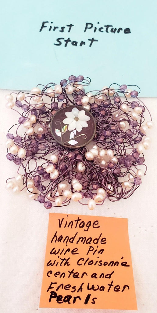 Vintage Hand Made Wire Pin with Cloisonne Center and Freshwater Pearls