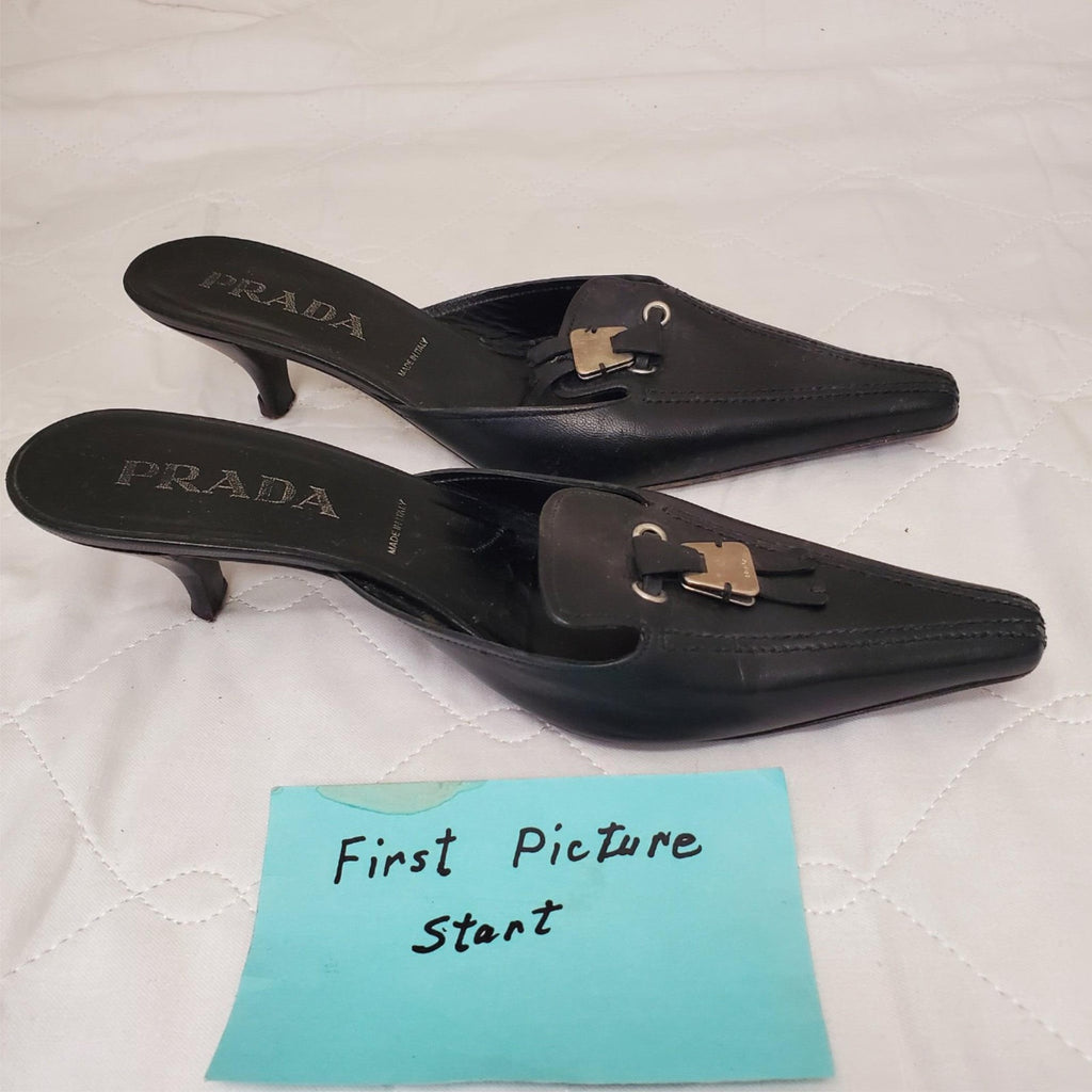 Prada 2000's Black Kitten Mule Heels with Silver Keychain Toe Strap