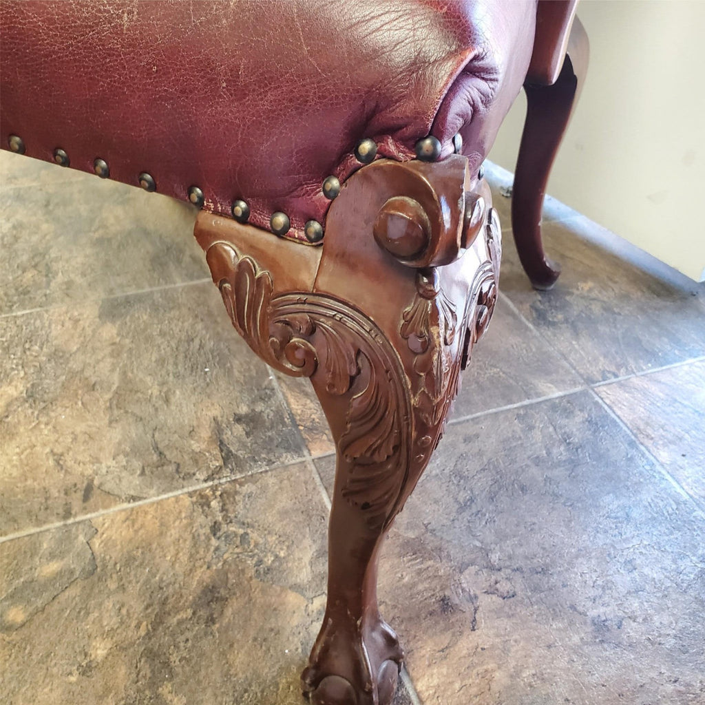 Vintage Antique Red Leather and Carved Owl Wood Armchair Law Office Chair