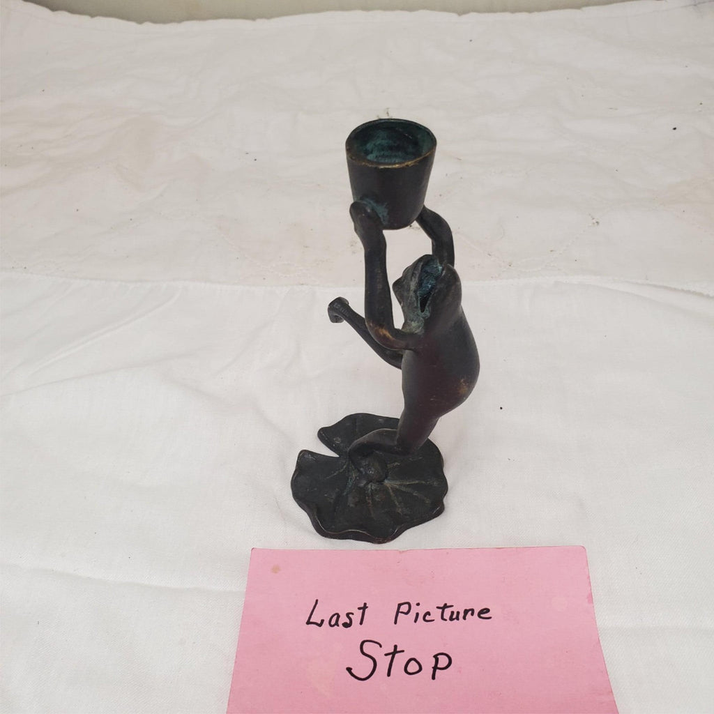Vintage SPI Home Bronze Open Mouth Dancing Frog Candle Holder On LilyPad