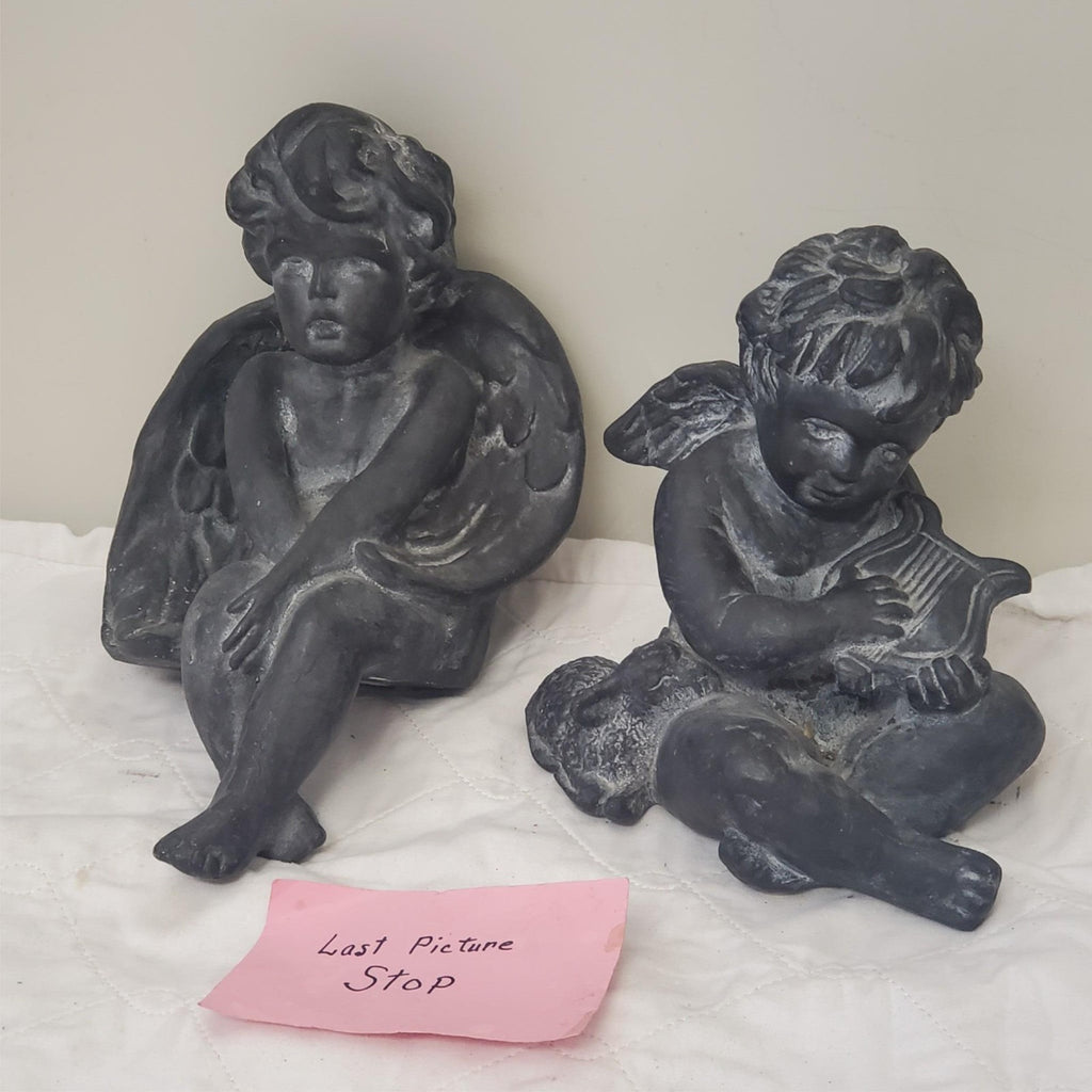 Pair of Black Angel Figurines Harp & Seated Cherub Statues