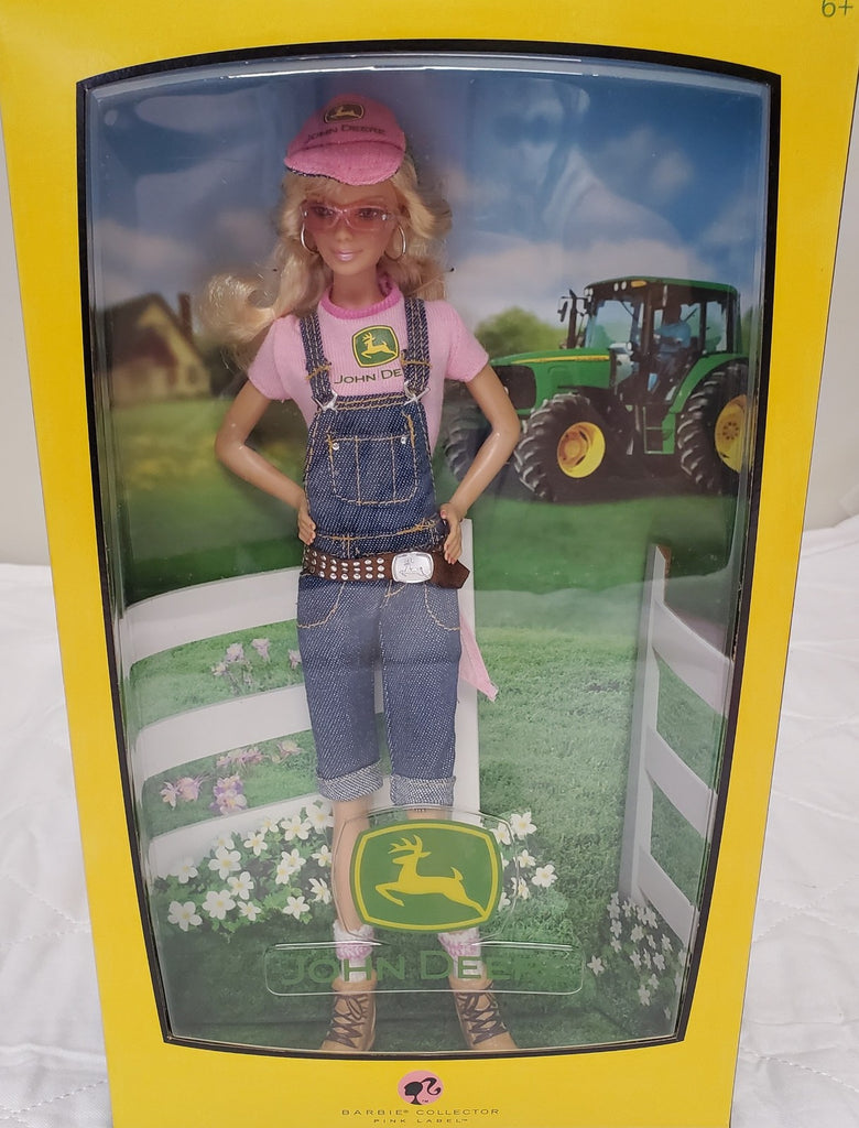 Barbie John Deere Collector Doll Pink Shirt Overalls Farm Girl Tractor Box