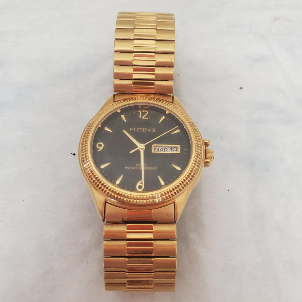 Vintage ELGIN FCT002 Gold Mens Quartz Watch with Day & Date