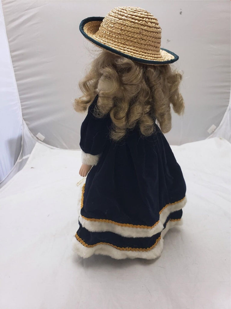 Vintage Original Christmas Porcelain Girl Fashion Doll Blue/White Dress
